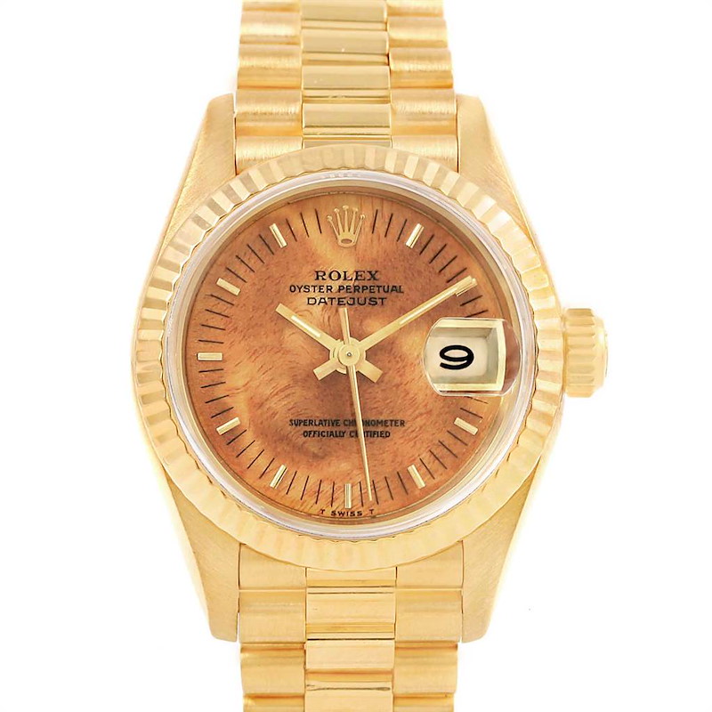 Rolex President Datejust Yellow Gold Burlwood Dial Ladies Watch 69178 SwissWatchExpo