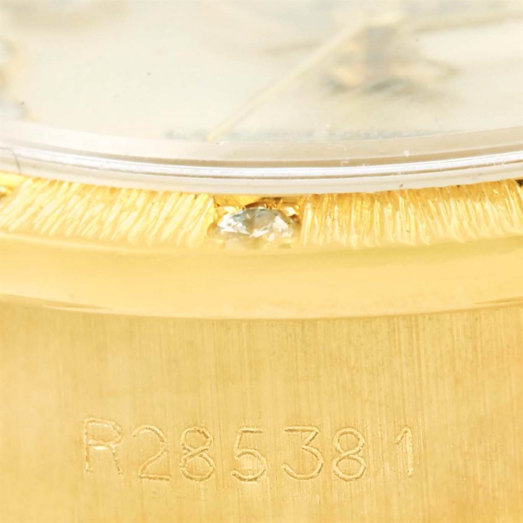 The image shows a close-up of the case and serial number of a Rolex President 69288 Women's Yellow Gold Silver Dial 69288 Women's Yellow Gold Silver Dial model watch.