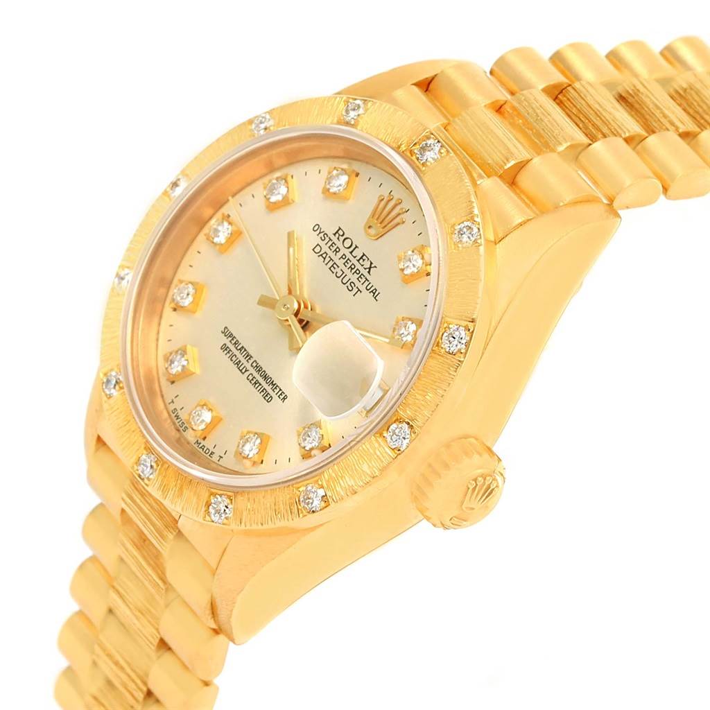 The image shows a close-up angled view of the Rolex President 69288 Women's Yellow Gold Silver Dial 69288 Women's Yellow Gold Silver Dial model, displaying the case, bezel with diamonds, dial, and part of the bracelet.