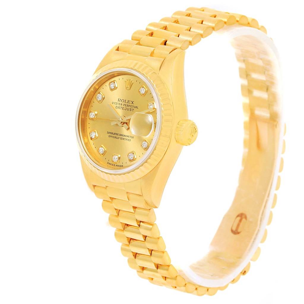 The image shows a Rolex President 79178 Women's Yellow Gold Champagne Dial 79178 Women's Yellow Gold Champagne Dial model watch from an angled top-side view, highlighting its gold case, dial, crown, and bracelet.