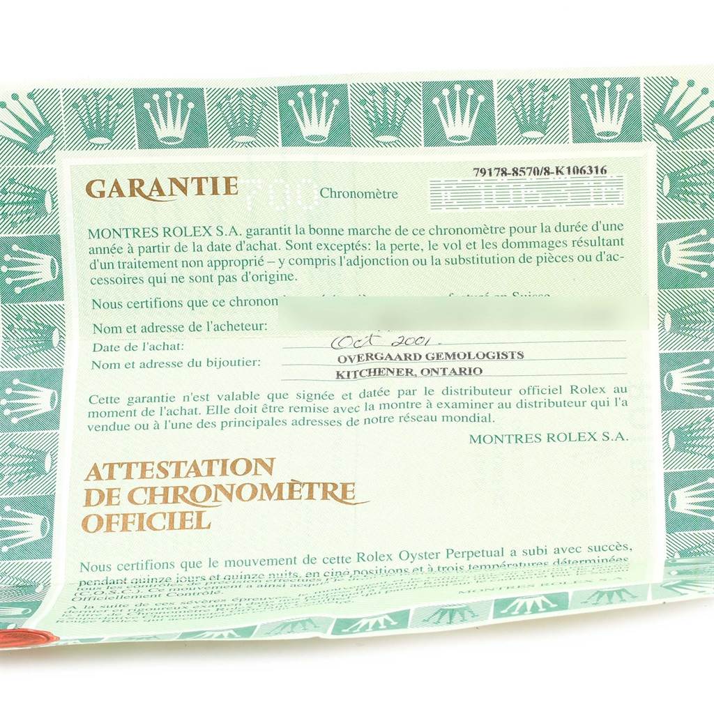 The image shows the warranty certificate for a Rolex President 79178 Women's Yellow Gold Champagne Dial 79178 Women's Yellow Gold Champagne Dial model, including purchase details and official chronometer certification.