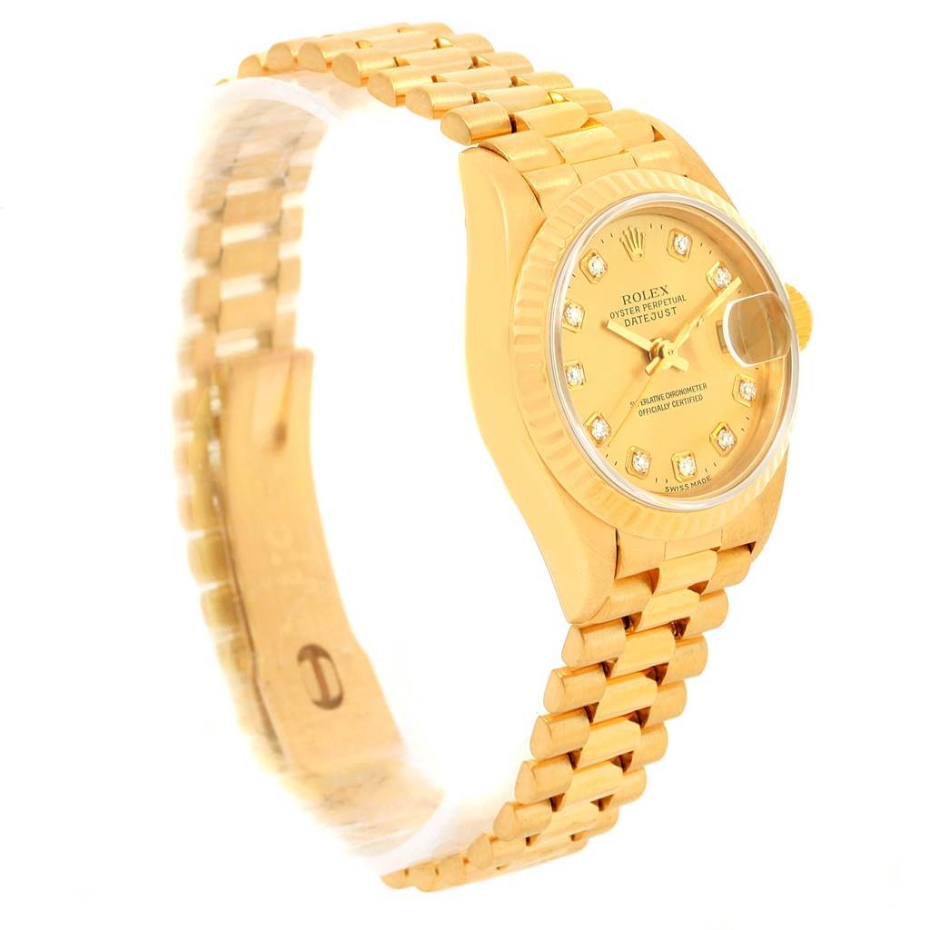 The image shows a side angle of a Rolex President 79178 Women's Yellow Gold Champagne Dial 79178 Women's Yellow Gold Champagne Dial model watch, highlighting the band, face, and dial.