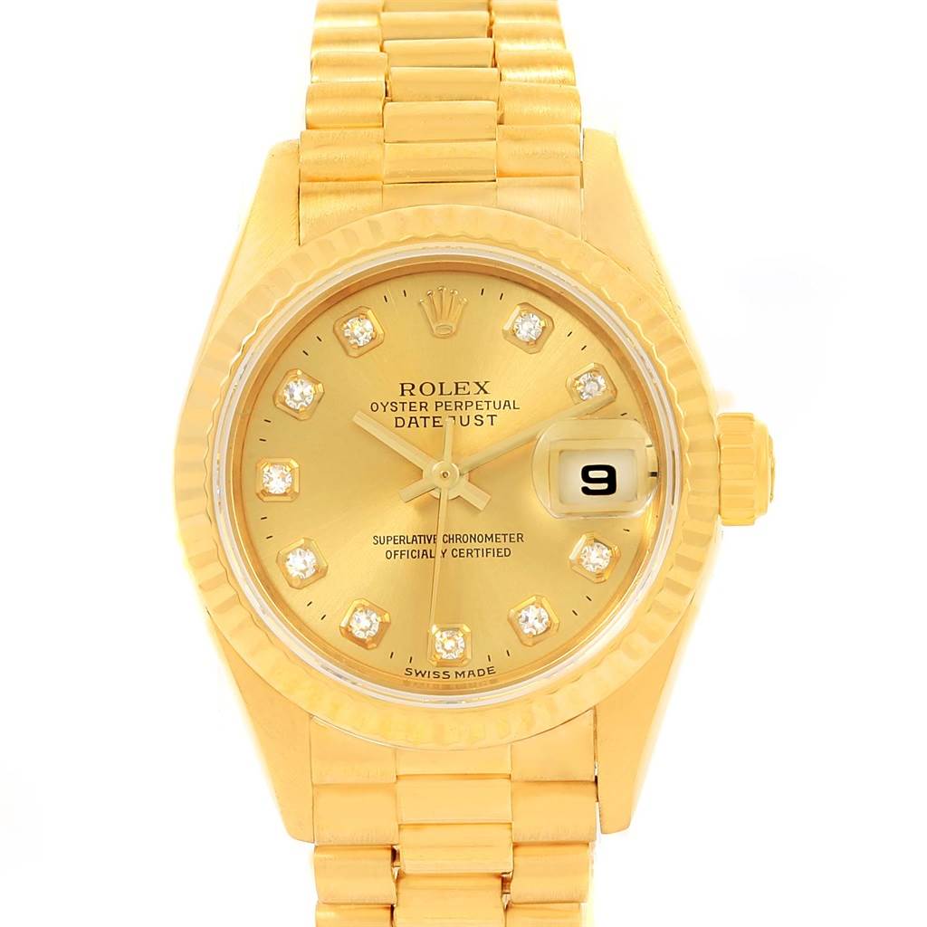 This image shows the Rolex President 79178 Women's Yellow Gold Champagne Dial 79178 Women's Yellow Gold Champagne Dial model watch from a front angle highlighting the dial, bracelet, and date display.