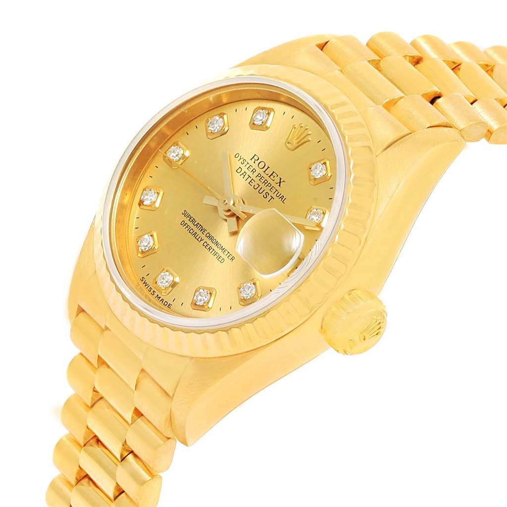 This image shows a close-up of the Rolex President 79178 Women's Yellow Gold Champagne Dial 79178 Women's Yellow Gold Champagne Dial model watch, highlighting its gold dial, bezel, crown, and bracelet.