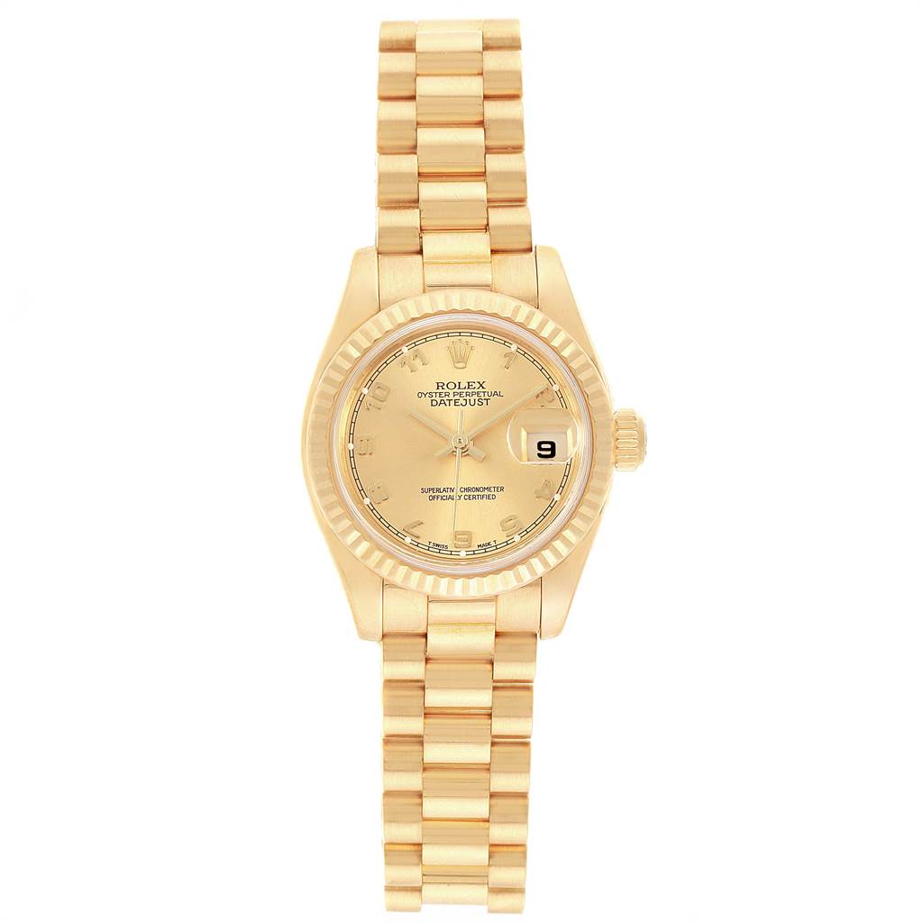 The image shows a Rolex President 179178 Women's Yellow Gold Champagne Dial 179178 Women's Yellow Gold Champagne Dial model watch from a straight-on angle, highlighting the dial, bezel, crown, and bracelet.