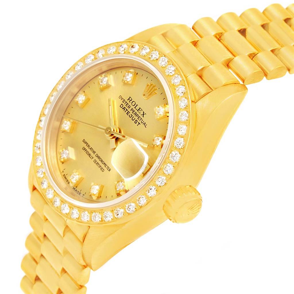 This image shows a close-up of a Rolex President 69178 Women's Yellow Gold Champagne Dial 69178 Women's Yellow Gold Champagne Dial model watch, showcasing the dial, bezel, crown, and part of the bracelet.