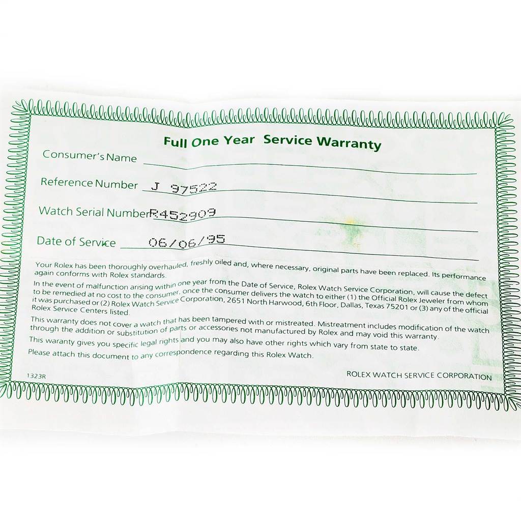 This image shows a Full One Year Service Warranty document for a Rolex President 69178 Women's Yellow Gold Champagne Dial 69178 Women's Yellow Gold Champagne Dial model watch.