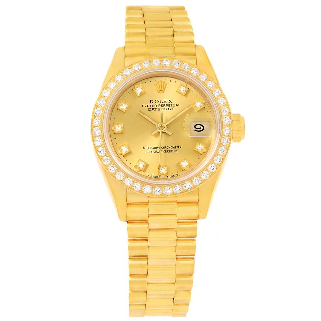 This image shows a frontal view of a Rolex President 69178 Women's Yellow Gold Champagne Dial 69178 Women's Yellow Gold Champagne Dial model watch, highlighting the dial, bezel, and bracelet.