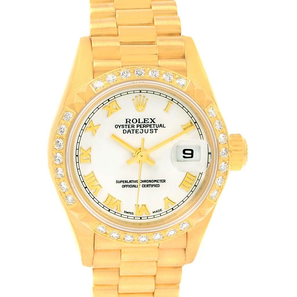 This image shows a frontal view of a Rolex President 79268 Women's Yellow Gold White Dial 79268 Women's Yellow Gold White Dial model watch, featuring the dial, bezel, crown, and part of the bracelet.