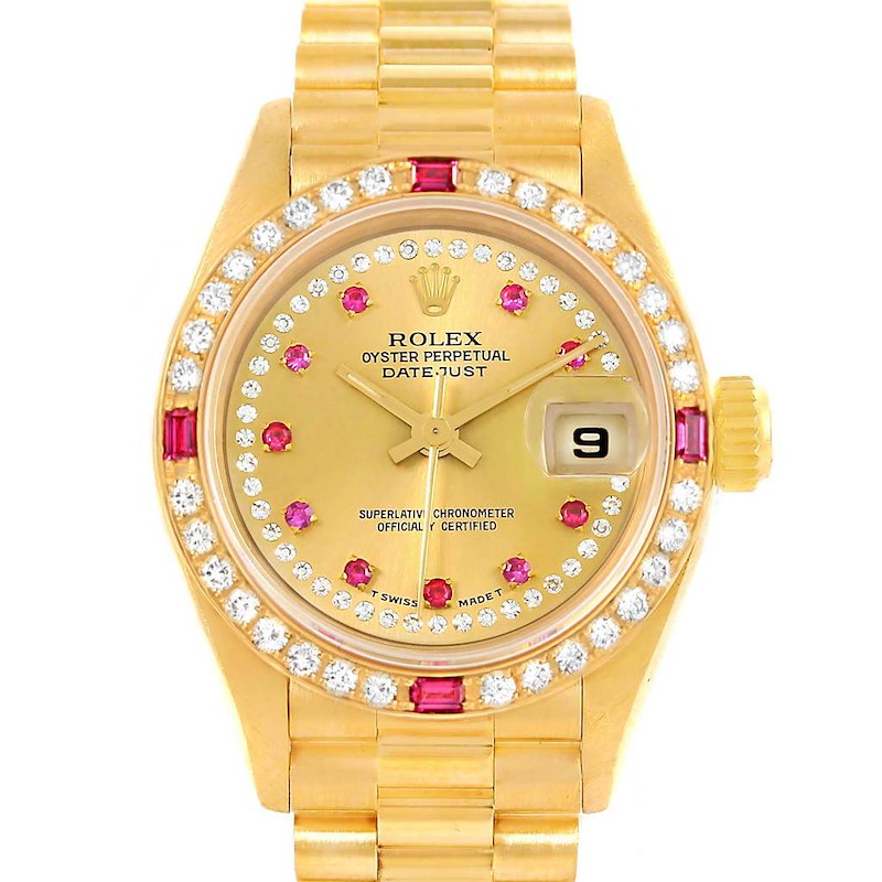 Rolex President Yellow Gold String Diamond Rubies Ladies Watch 69178 SwissWatchExpo