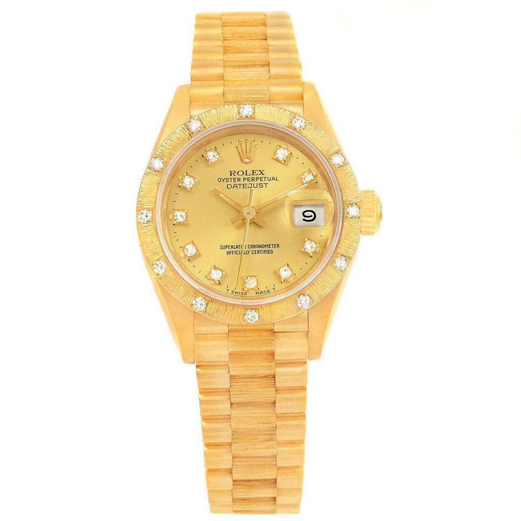 The image displays a frontal view of the Rolex President 69288 Women's Yellow Gold Champagne Dial 69288 Women's Yellow Gold Champagne Dial model watch, showcasing its face, band, and bezel.