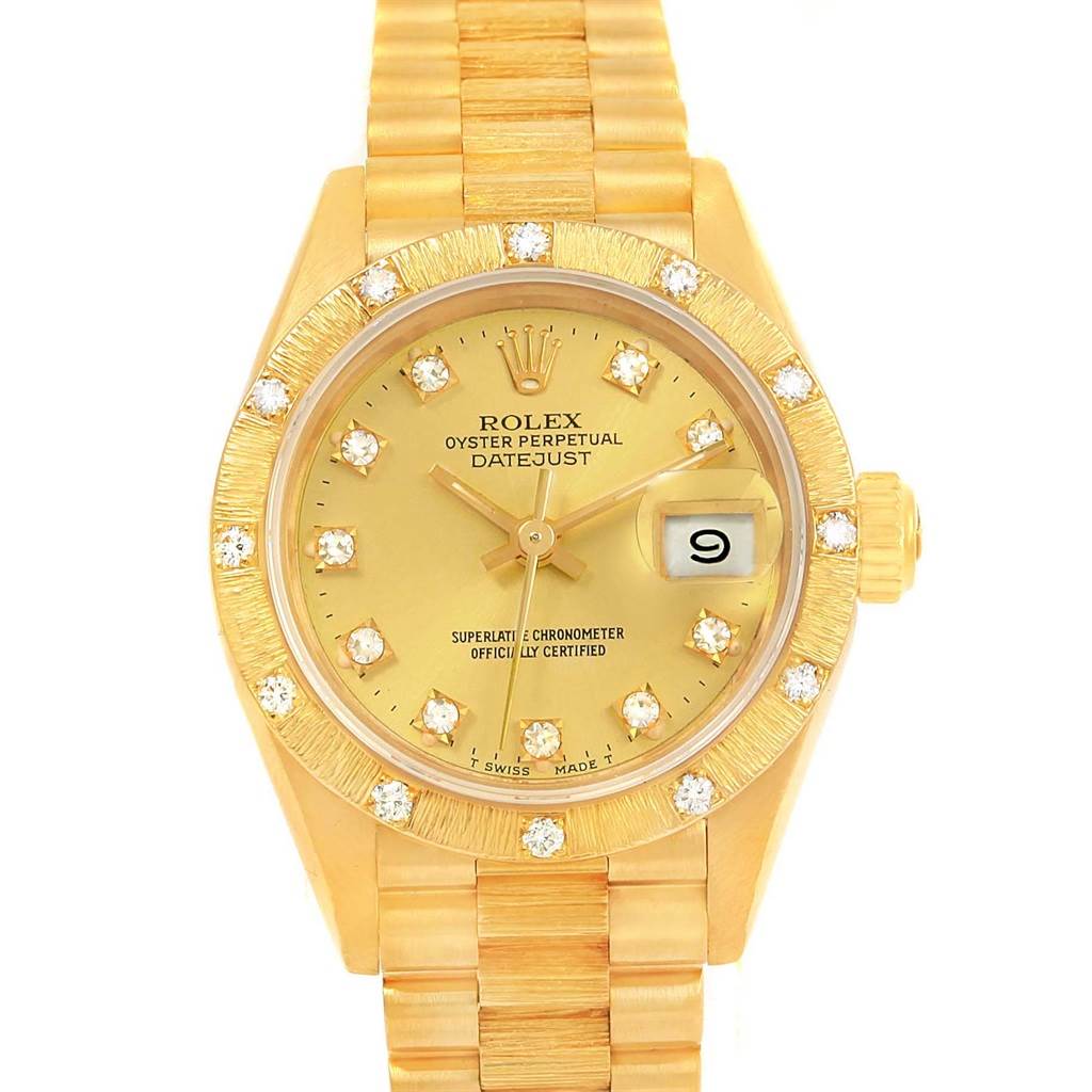 This image shows a Rolex President 69288 Women's Yellow Gold Champagne Dial 69288 Women's Yellow Gold Champagne Dial model watch from the front, displaying the dial, bezel, and part of the bracelet.