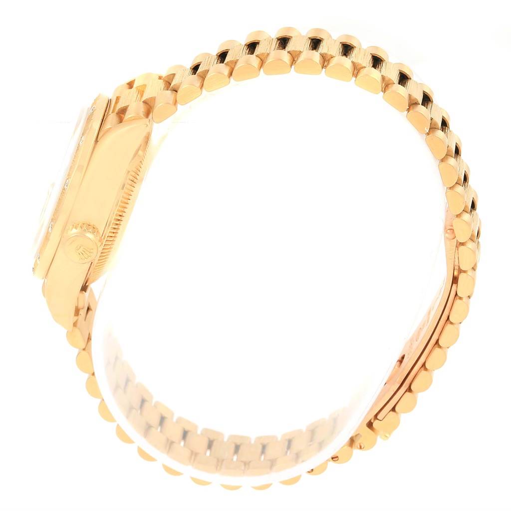 The image shows the side profile and bracelet of a Rolex President 69288 Women's Yellow Gold Champagne Dial 69288 Women's Yellow Gold Champagne Dial model watch, highlighting its case and linked band.