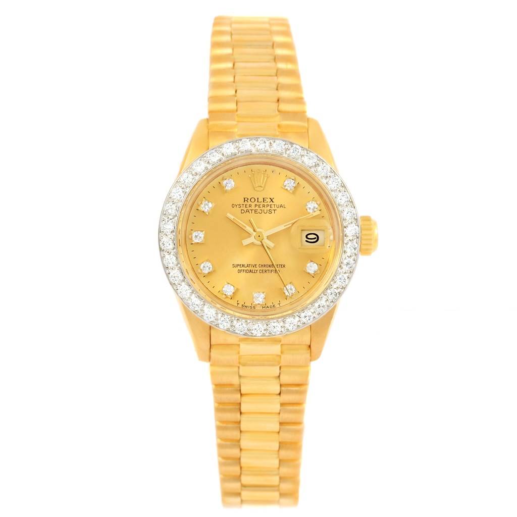 This Rolex President 6917 Women's Yellow Gold Champagne Dial 6917 Women's Yellow Gold Champagne Dial model watch is shown from the front, highlighting its dial, bezel, and bracelet.
