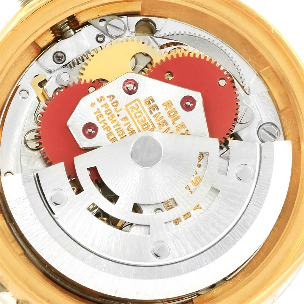 This image shows the internal mechanism of the Rolex President 6917 Women's Yellow Gold Champagne Dial 6917 Women's Yellow Gold Champagne Dial model watch from a top-down angle.