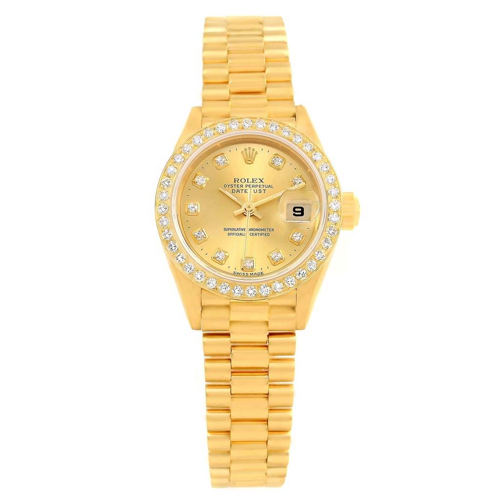 This is a frontal view of the Rolex President 69178 Women's Yellow Gold Champagne Dial 69178 Women's Yellow Gold Champagne Dial model watch, showcasing the face, band, and bezel with diamonds.
