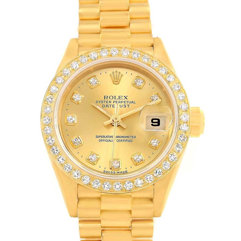 This image shows a front view of the Rolex President 69178 Women's Yellow Gold Champagne Dial 69178 Women's Yellow Gold Champagne Dial Oyster Perpetual Datejust watch with a gold dial and diamond bezel.