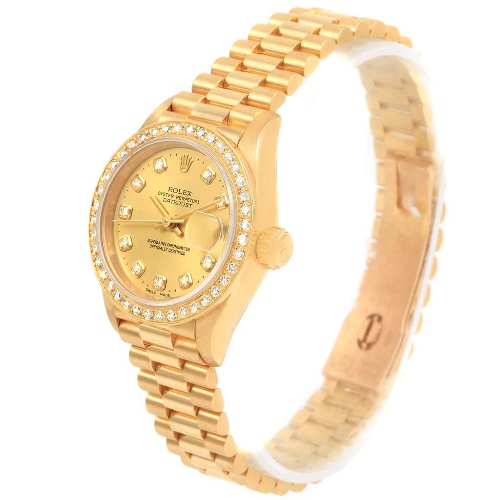 The image shows a side angle of a Rolex President 69178 Women's Yellow Gold Champagne Dial 69178 Women's Yellow Gold Champagne Dial model watch, displaying the dial, bezel, crown, and bracelet.