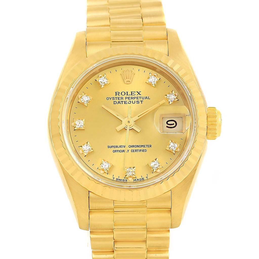 This image shows a front view of a Rolex President 69178 Women's Yellow Gold Champagne Dial 69178 Women's Yellow Gold Champagne Dial Datejust watch, highlighting its gold dial, bezel, and bracelet.