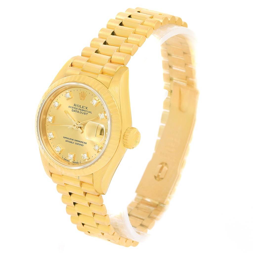 This image shows a Rolex President 69178 Women's Yellow Gold Champagne Dial 69178 Women's Yellow Gold Champagne Dial model watch at a three-quarter angle, displaying the dial, case, and bracelet.