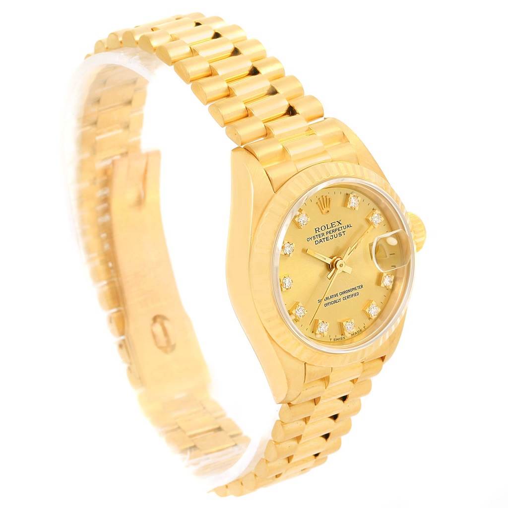 The Rolex President 69178 Women's Yellow Gold Champagne Dial 69178 Women's Yellow Gold Champagne Dial model watch is shown at a three-quarter angle, highlighting the face, bracelet, and crown.