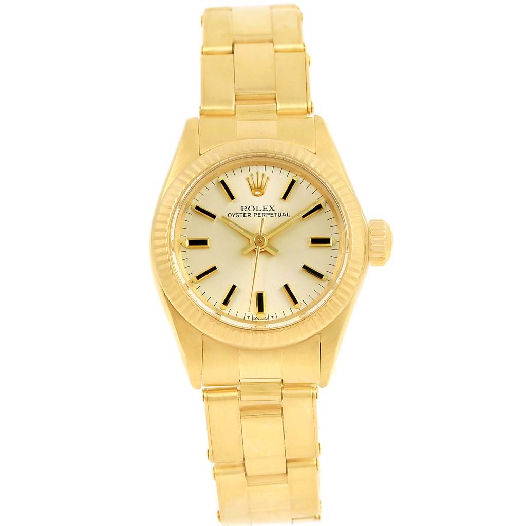 The image shows a front view of a Rolex President 6719 Women's Yellow Gold Silver Dial 6719 Women's Yellow Gold Silver Dial model watch, highlighting its face, bezel, crown, and linked bracelet.