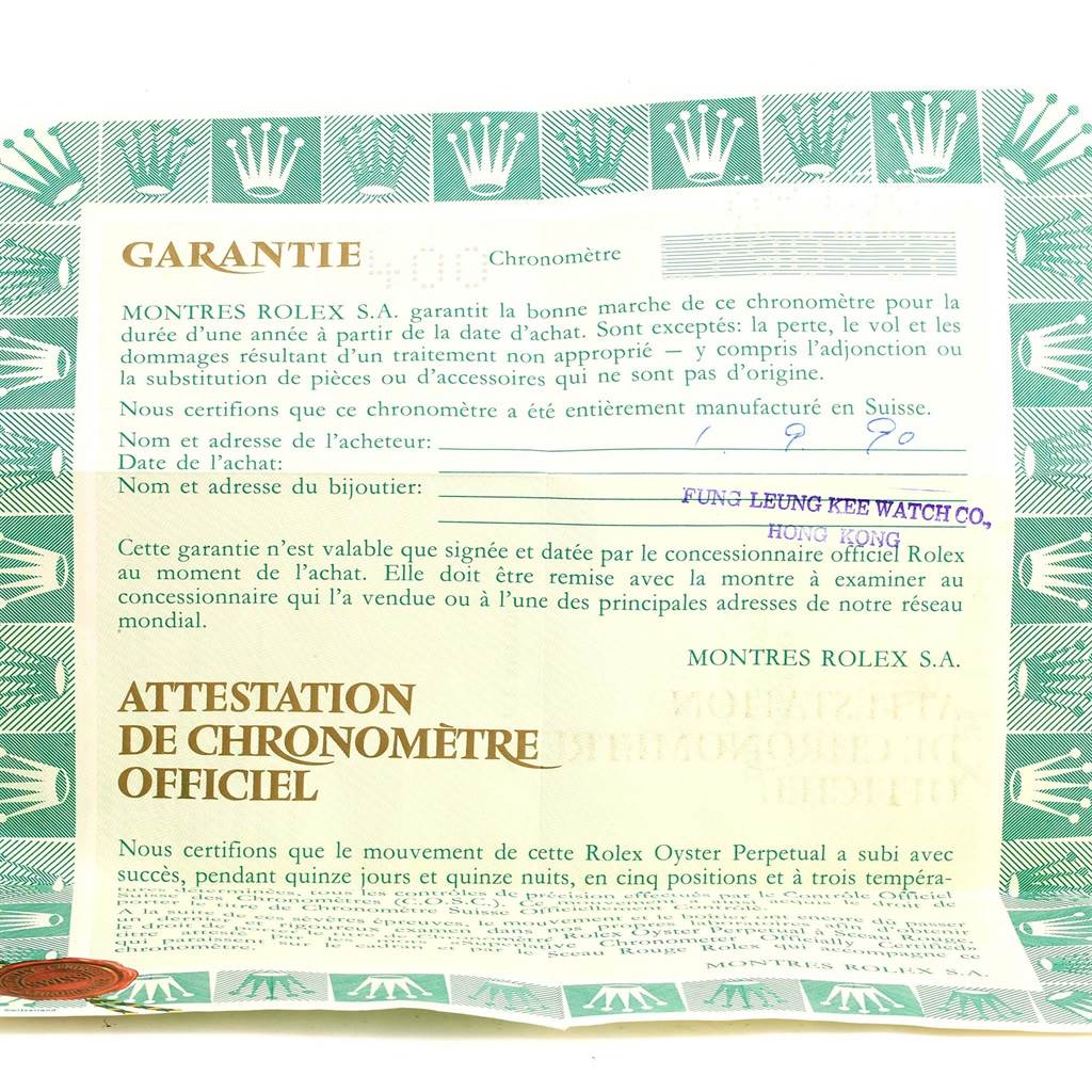 The image shows the warranty and certification document for a Rolex President 69138 Women's Yellow Gold Black Dial 69138 Women's Yellow Gold Black Dial model watch.