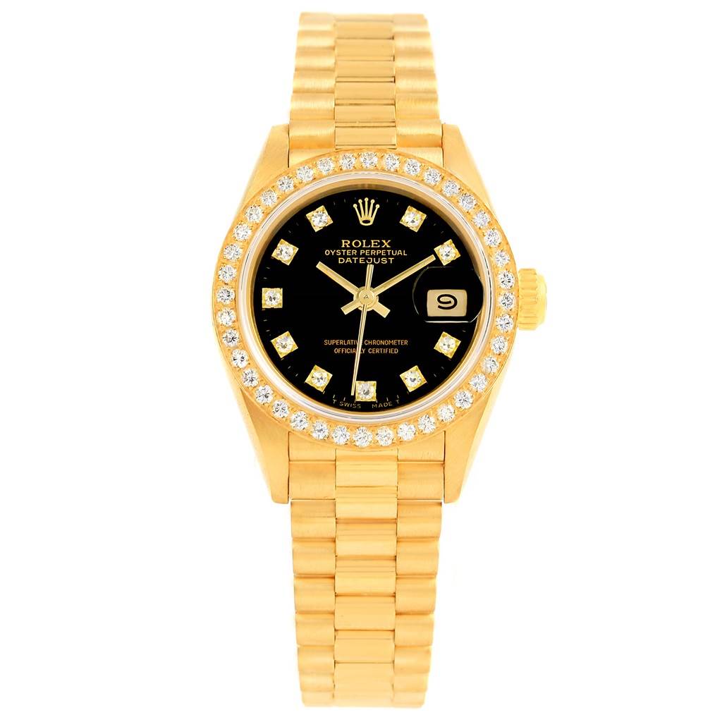 The image shows a Rolex President 69138 Women's Yellow Gold Black Dial 69138 Women's Yellow Gold Black Dial model watch from a front view, displaying its face, bezel, and bracelet.