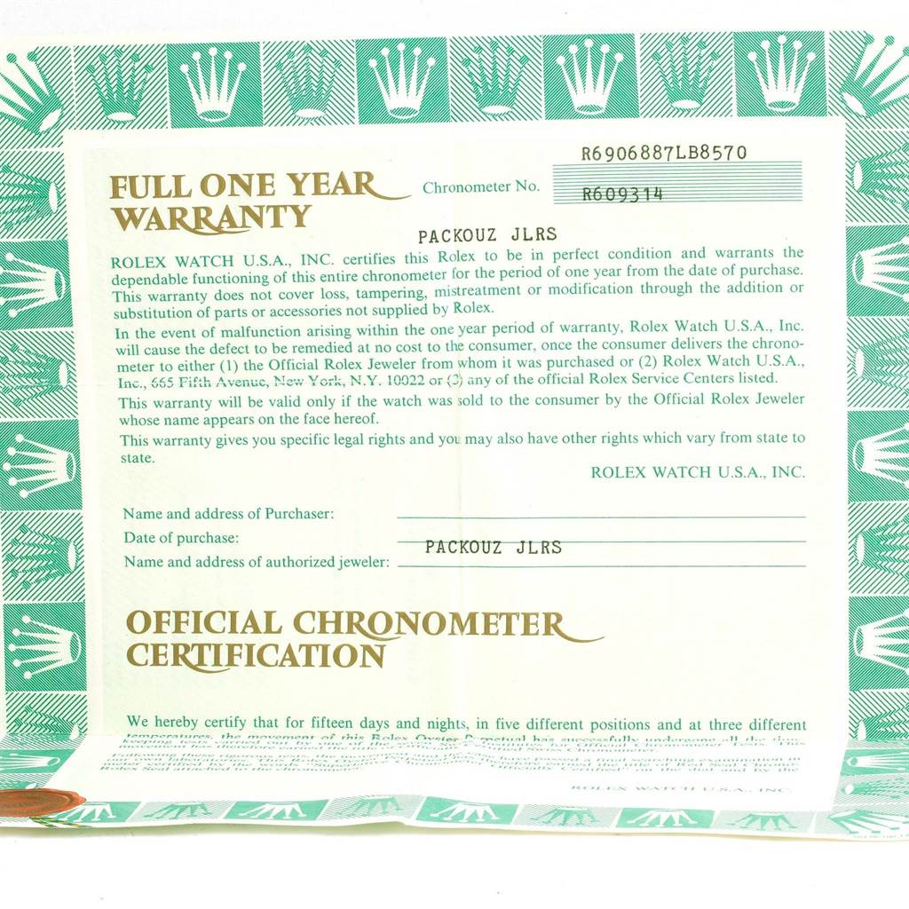 The image shows a warranty and certification document for a Rolex President 69178 Women's Yellow Gold Champagne Dial 69178 Women's Yellow Gold Champagne Dial model watch, detailing purchase and authorized jeweler information.