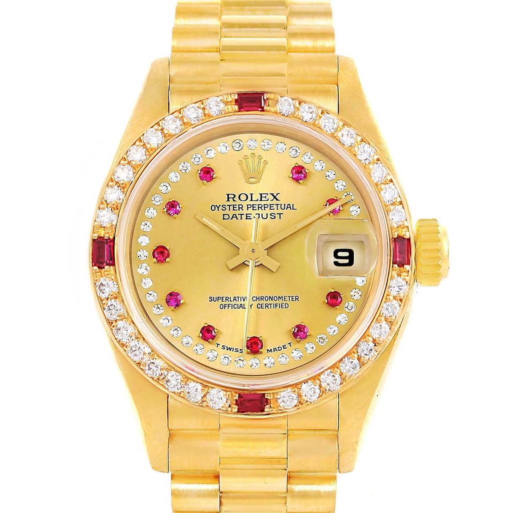 This image shows a front view of a Rolex President 69178 Women's Yellow Gold Champagne Dial 69178 Women's Yellow Gold Champagne Dial model, highlighting its gold dial, date window, and jeweled bezel.