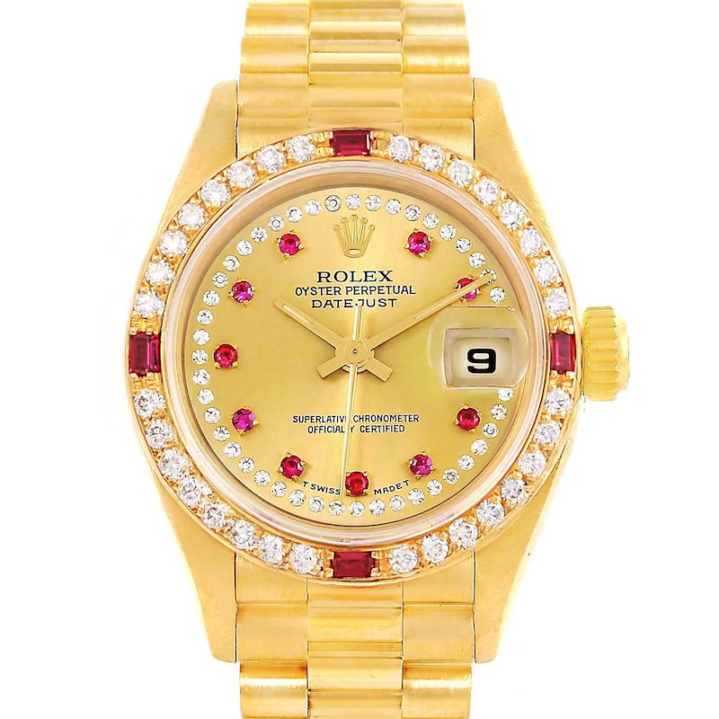 Rolex President Yellow Gold Diamond Rubies 26mm Watch 69178 Box Papers SwissWatchExpo