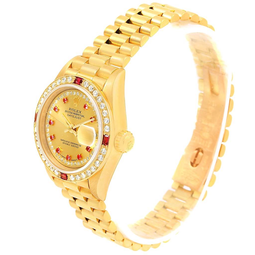 The Rolex President 69178 Women's Yellow Gold Champagne Dial 69178 Women's Yellow Gold Champagne Dial watch is shown at an angle, displaying its face, bezel, crown, and part of the bracelet.