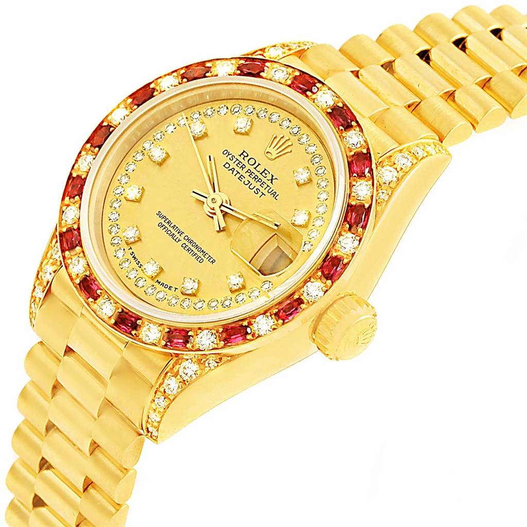 The image shows a Rolex President 69198 Women's Yellow Gold Champagne Dial 69198 Women's Yellow Gold Champagne Dial model watch with a close-up angle emphasizing the gold case, dial, bezel, and bracelet.