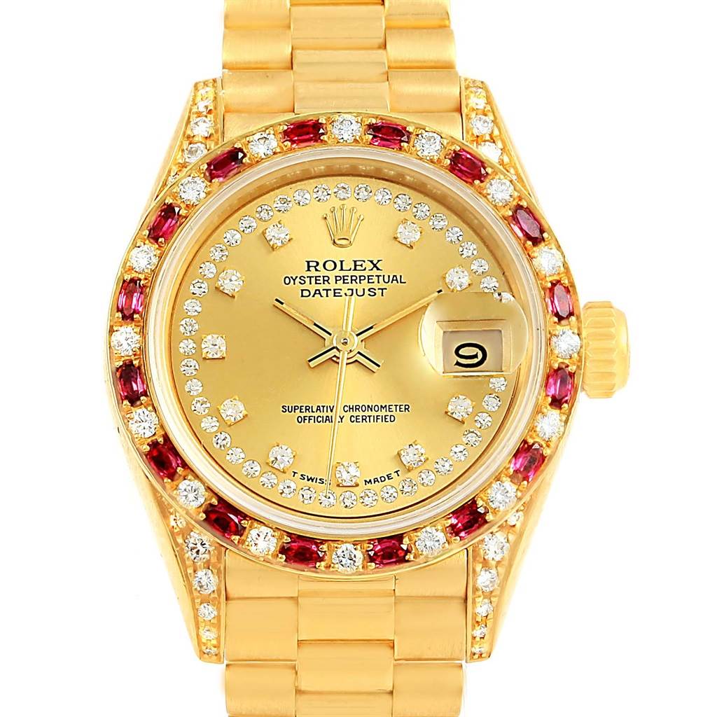 The image shows a Rolex President 69198 Women's Yellow Gold Champagne Dial 69198 Women's Yellow Gold Champagne Dial Datejust watch from a front angle, displaying the face, bezel, and part of the bracelet.