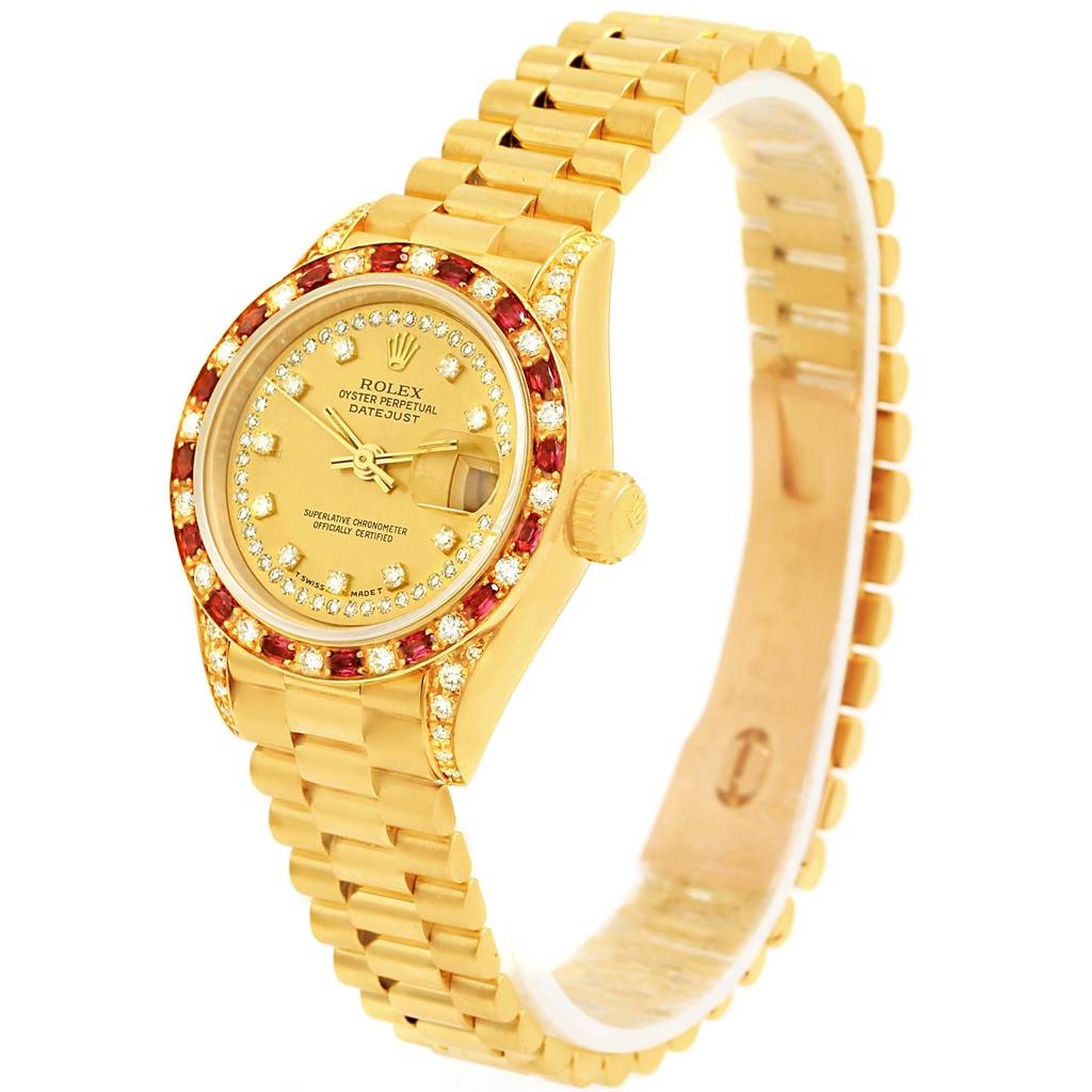 The image shows a Rolex President 69198 Women's Yellow Gold Champagne Dial 69198 Women's Yellow Gold Champagne Dial model watch, displaying the face, bezel, crown, and full gold bracelet at an angled view.