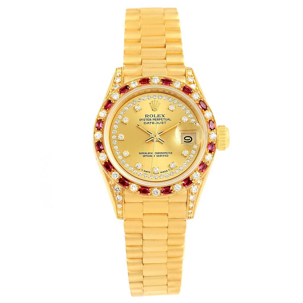 The Rolex President 69198 Women's Yellow Gold Champagne Dial 69198 Women's Yellow Gold Champagne Dial model is shown from a top-down angle, highlighting the dial, bezel, date window, and bracelet.