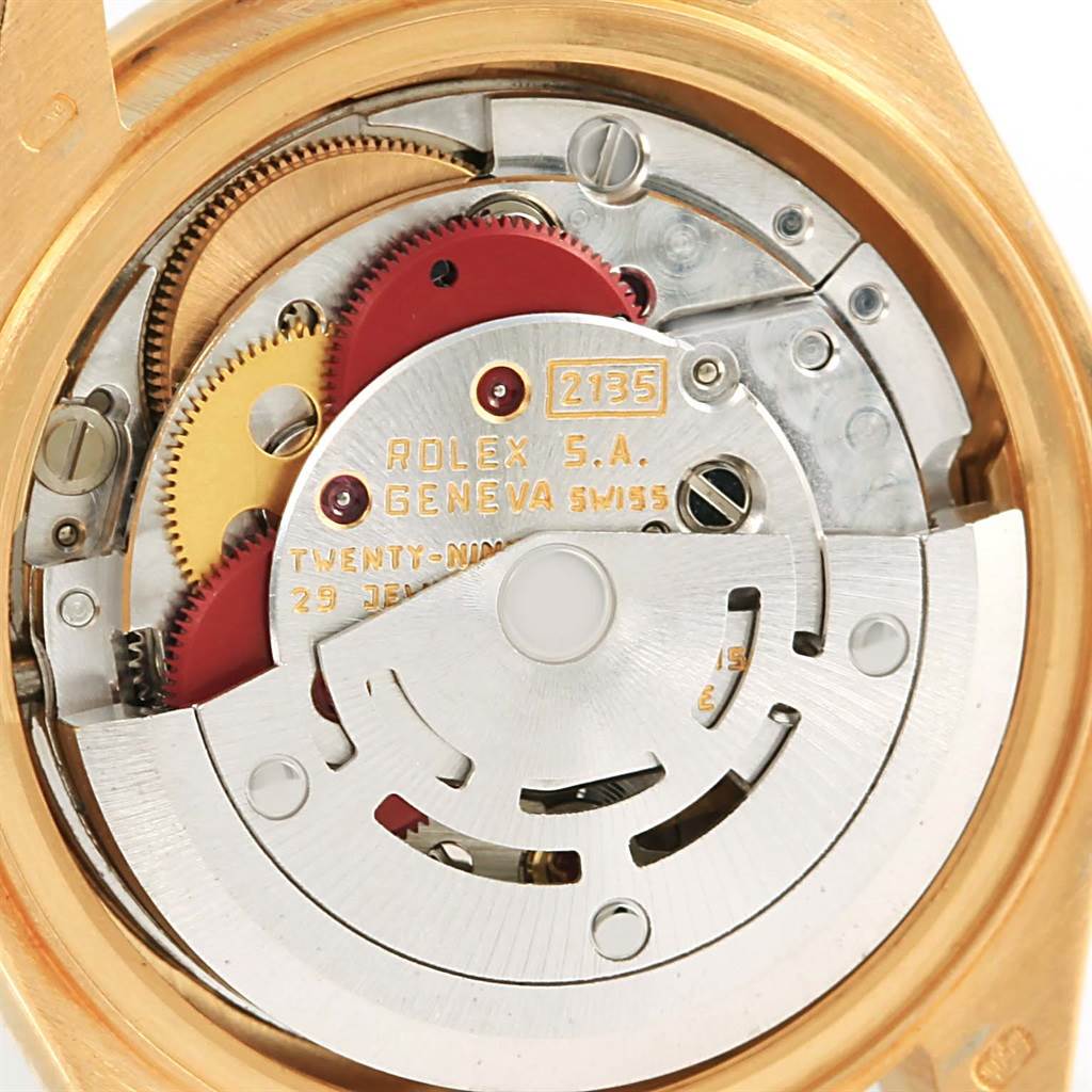 This image shows the mechanical movement and inner workings of the Rolex President 69198 Women's Yellow Gold Champagne Dial 69198 Women's Yellow Gold Champagne Dial model watch, viewed from the back.