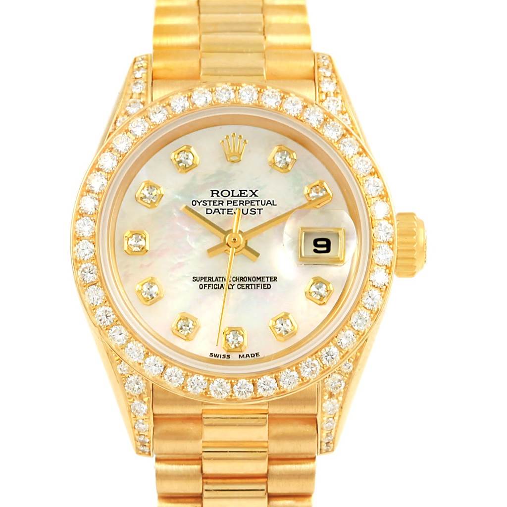This is a frontal view of a Rolex President 79158 Women's Yellow Gold Mother of Pearl Dial 79158 Women's Yellow Gold Mother of Pearl Dial model watch, showcasing the face, bezel, crown, and band.
