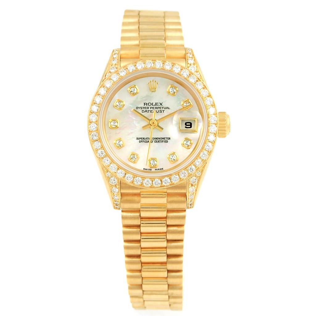 This image shows a Rolex President 79158 Women's Yellow Gold Mother of Pearl Dial 79158 Women's Yellow Gold Mother of Pearl Dial model watch from a front view, displaying the bracelet, bezel, and watch face.