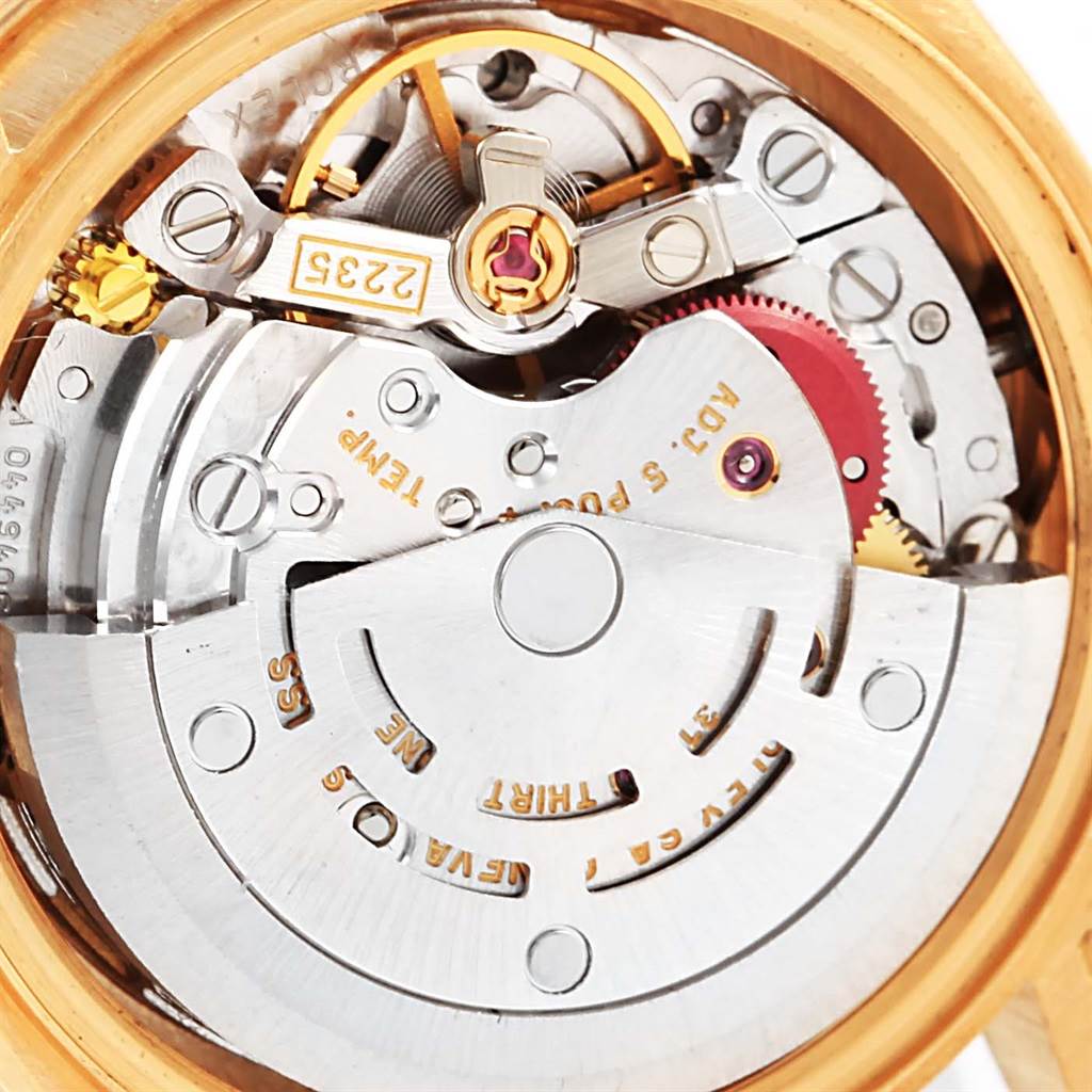 This image shows a close-up view of the internal mechanism of the Rolex President 79158 Women's Yellow Gold Mother of Pearl Dial 79158 Women's Yellow Gold Mother of Pearl Dial model watch.