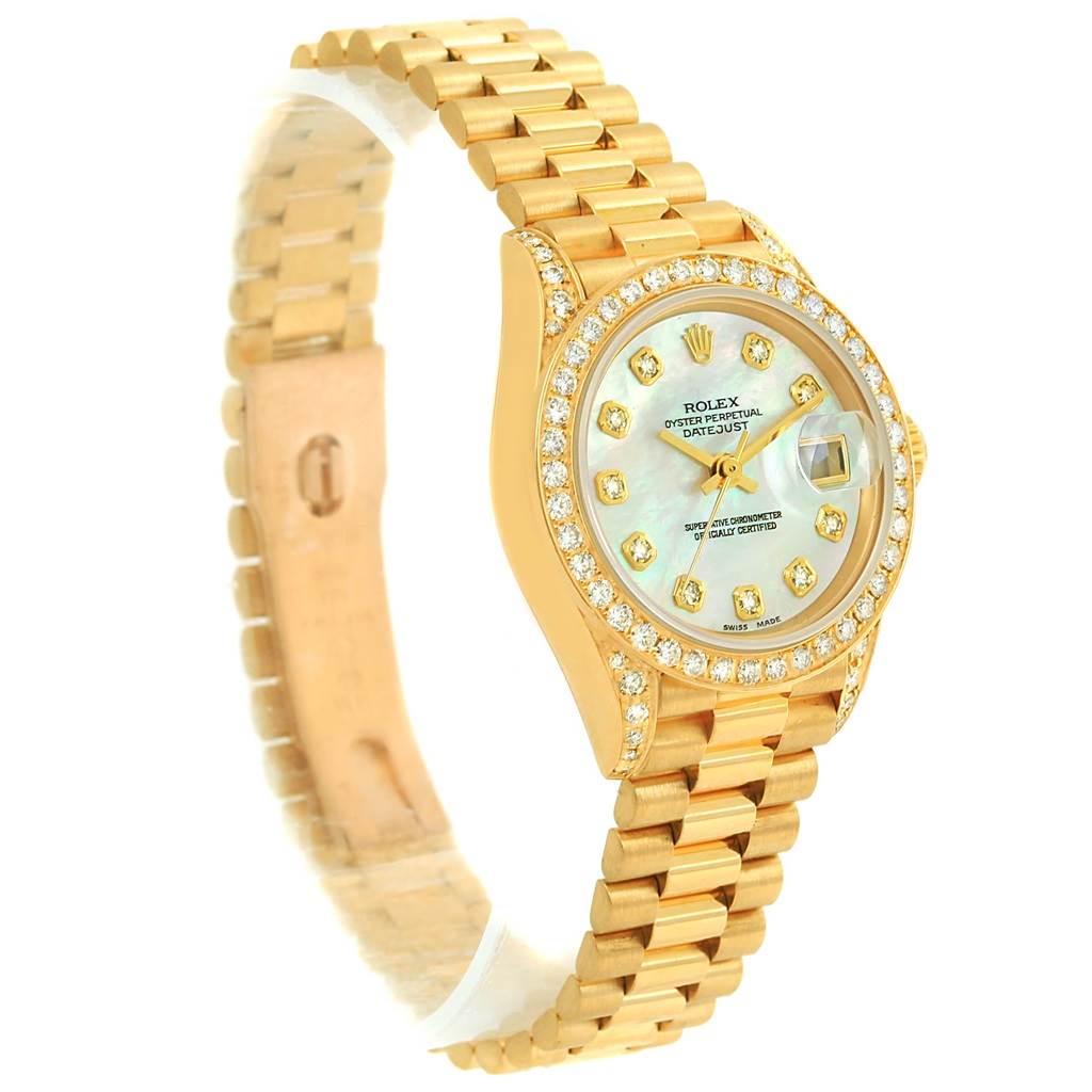 The image shows a gold Rolex President 79158 Women's Yellow Gold Mother of Pearl Dial 79158 Women's Yellow Gold Mother of Pearl Dial model watch at a slight angle, displaying the dial, bezel, and bracelet.