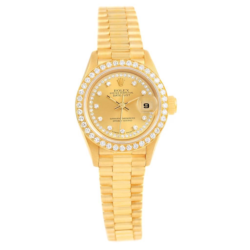 The image shows a frontal view of a Rolex President 69138 Women's Yellow Gold Champagne Dial 69138 Women's Yellow Gold Champagne Dial model watch, displaying its bracelet, dial, bezel, and crown.