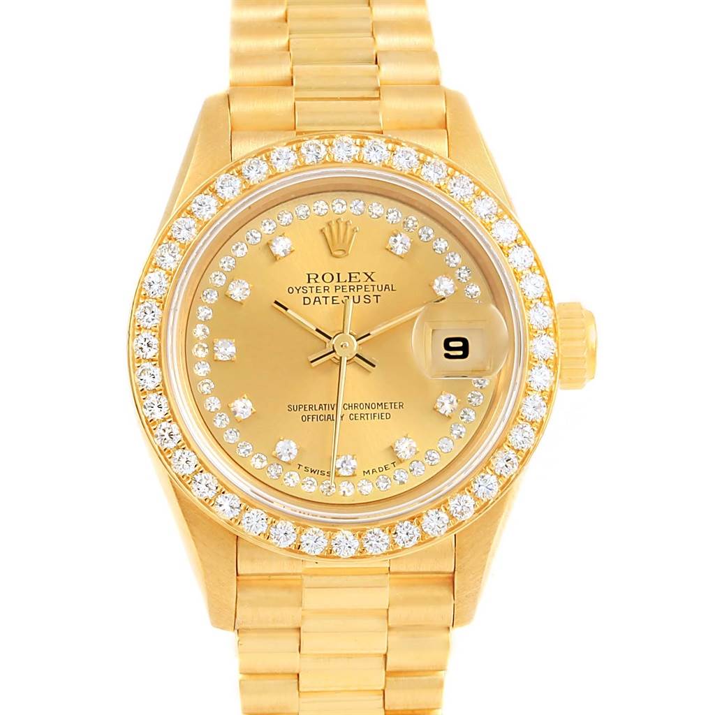 This image shows a head-on view of a Rolex President 69138 Women's Yellow Gold Champagne Dial 69138 Women's Yellow Gold Champagne Dial model watch, highlighting its dial, bezel, and bracelet.