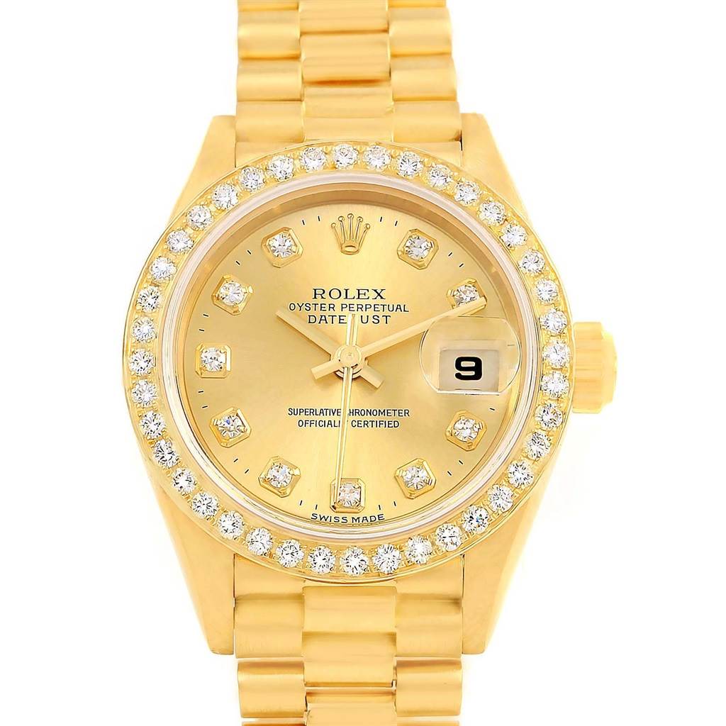 The image shows a frontal view of a Rolex President 69178 Women's Yellow Gold Champagne Dial 69178 Women's Yellow Gold Champagne Dial Oyster Perpetual Datejust watch, highlighting its gold finish and diamond bezel.