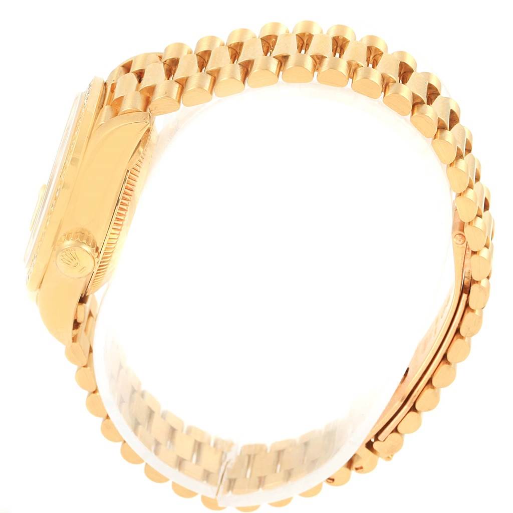 The image shows a side view of the Rolex President 69178 Women's Yellow Gold Champagne Dial 69178 Women's Yellow Gold Champagne Dial model watch, highlighting its gold bracelet and case.