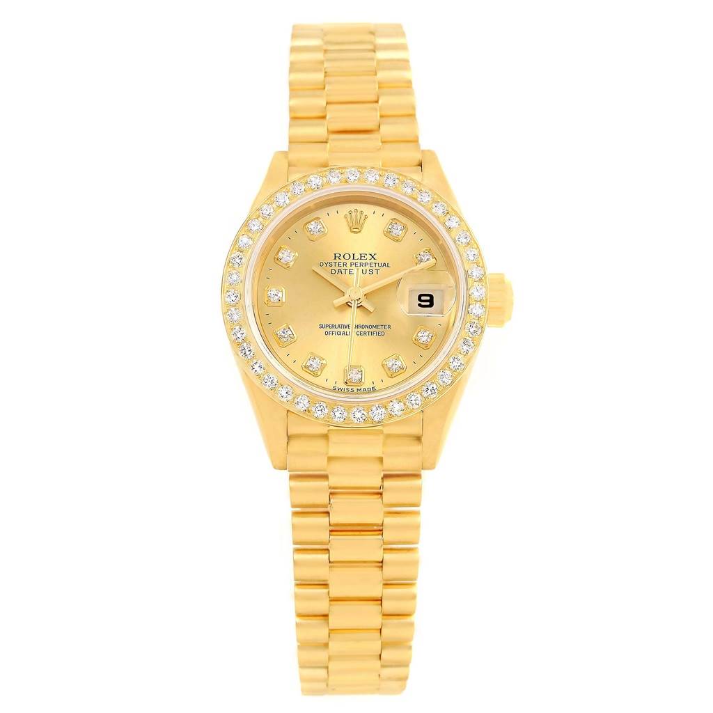 This image shows a front view of a Rolex President 69178 Women's Yellow Gold Champagne Dial 69178 Women's Yellow Gold Champagne Dial model watch, displaying the face, bezel, crown, and bracelet.