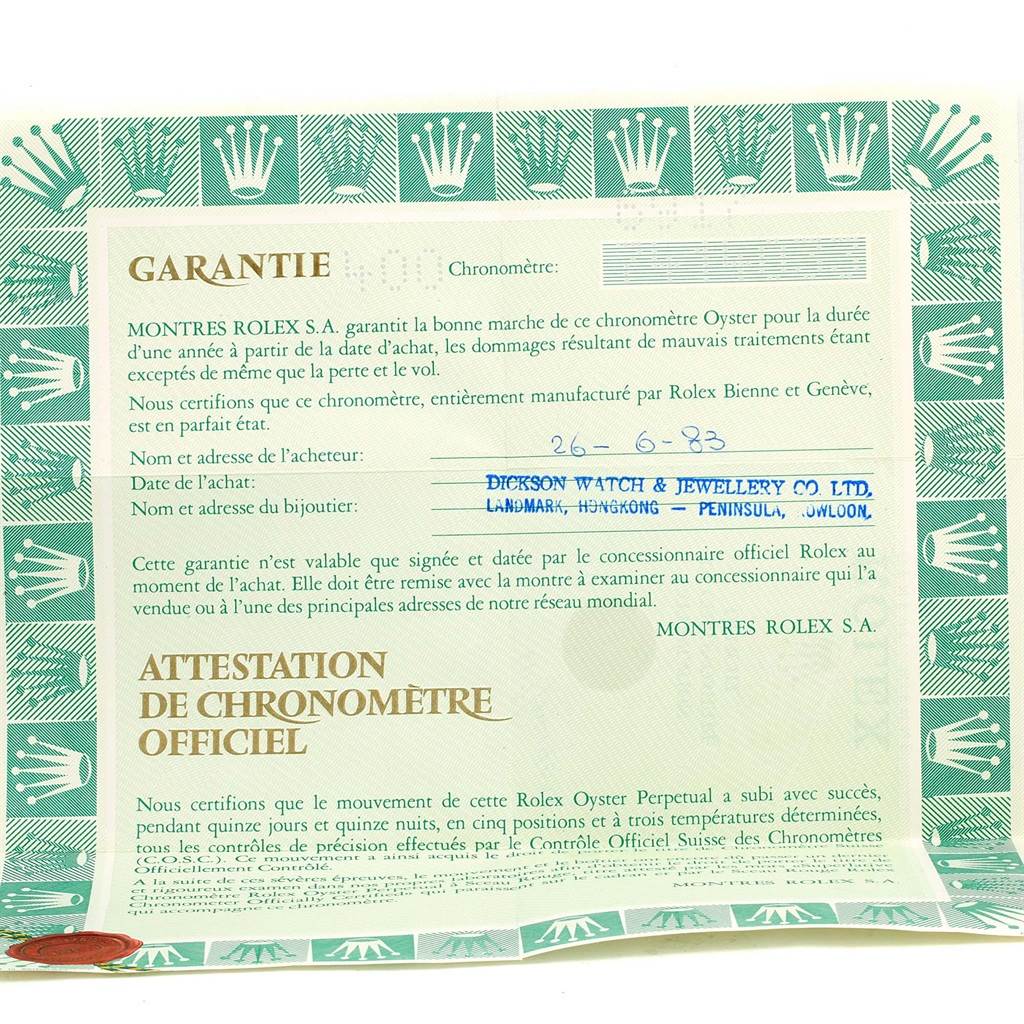 The image shows a warranty certificate and official chronometer certification for a Rolex President 6917 Women's Yellow Gold White Dial 6917 Women's Yellow Gold White Dial model watch.