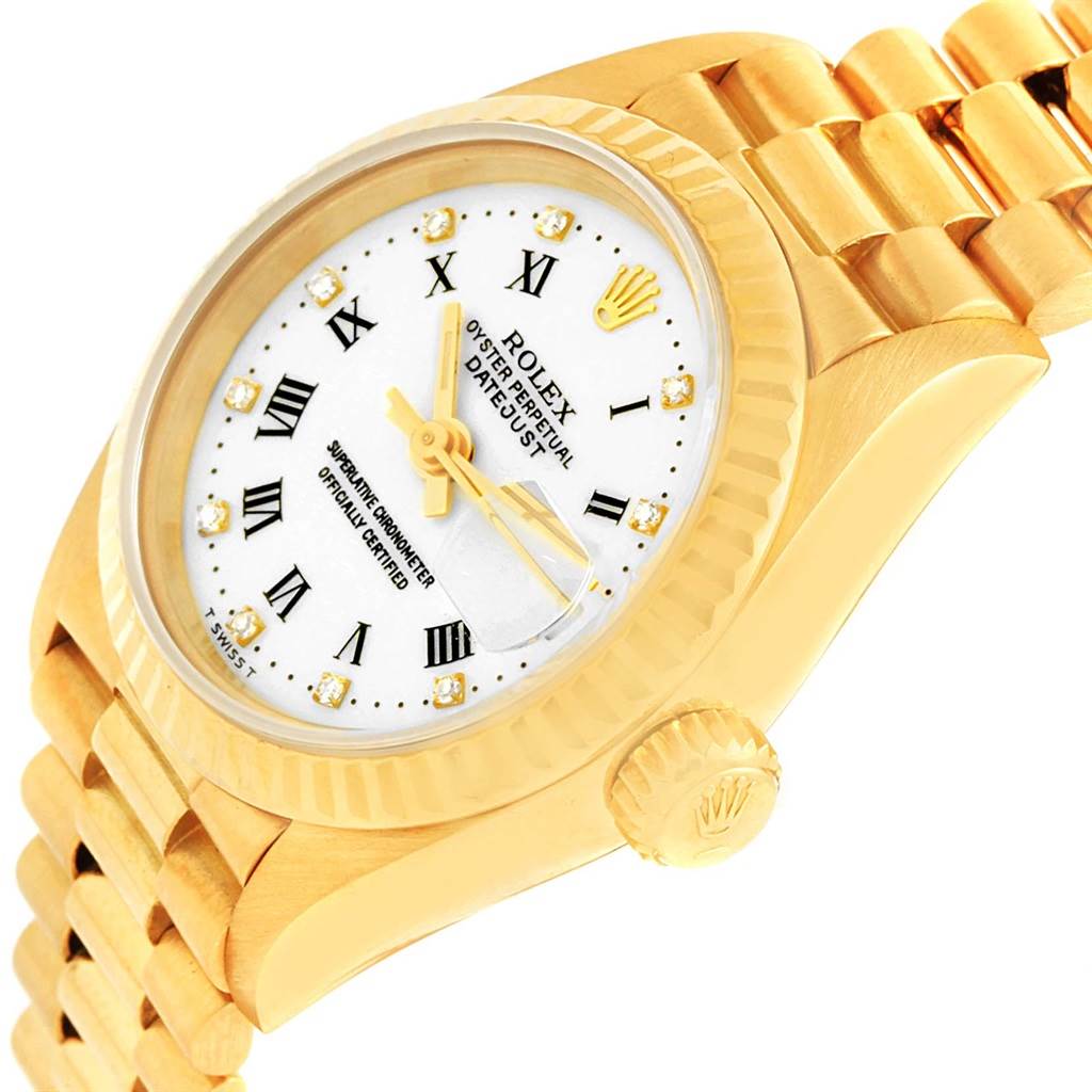 The image shows a close-up angled view of the dial, bezel, and band of a Rolex President 69178 Women's Yellow Gold White Dial 69178 Women's Yellow Gold White Dial model watch.
