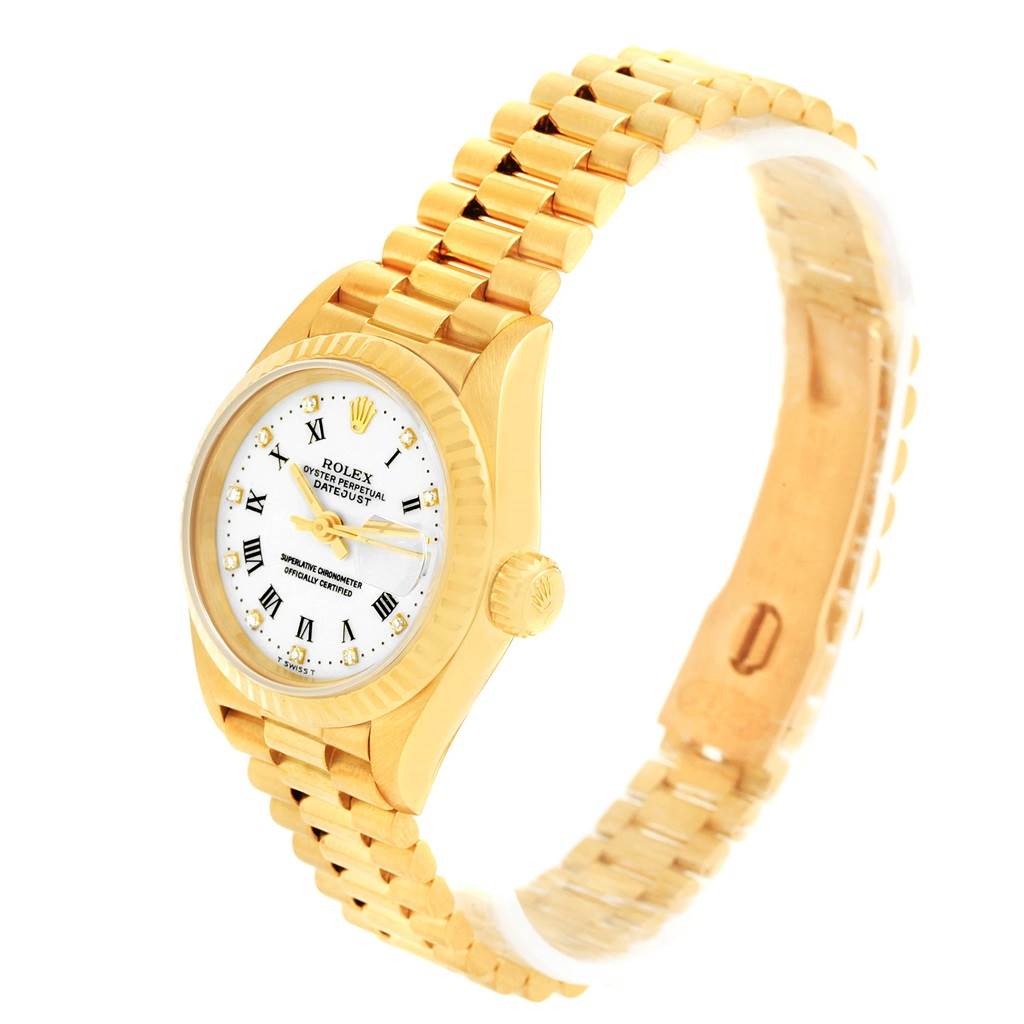 This image shows a side and front angle of a Rolex President 69178 Women's Yellow Gold White Dial 69178 Women's Yellow Gold White Dial watch, highlighting the face, bezel, crown, and bracelet.