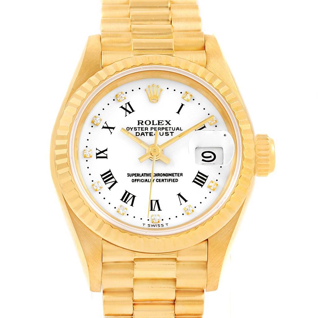 This Rolex President 69178 Women's Yellow Gold White Dial 69178 Women's Yellow Gold White Dial model watch is shown from the front, displaying its face, bezel, crown, and the bracelet.